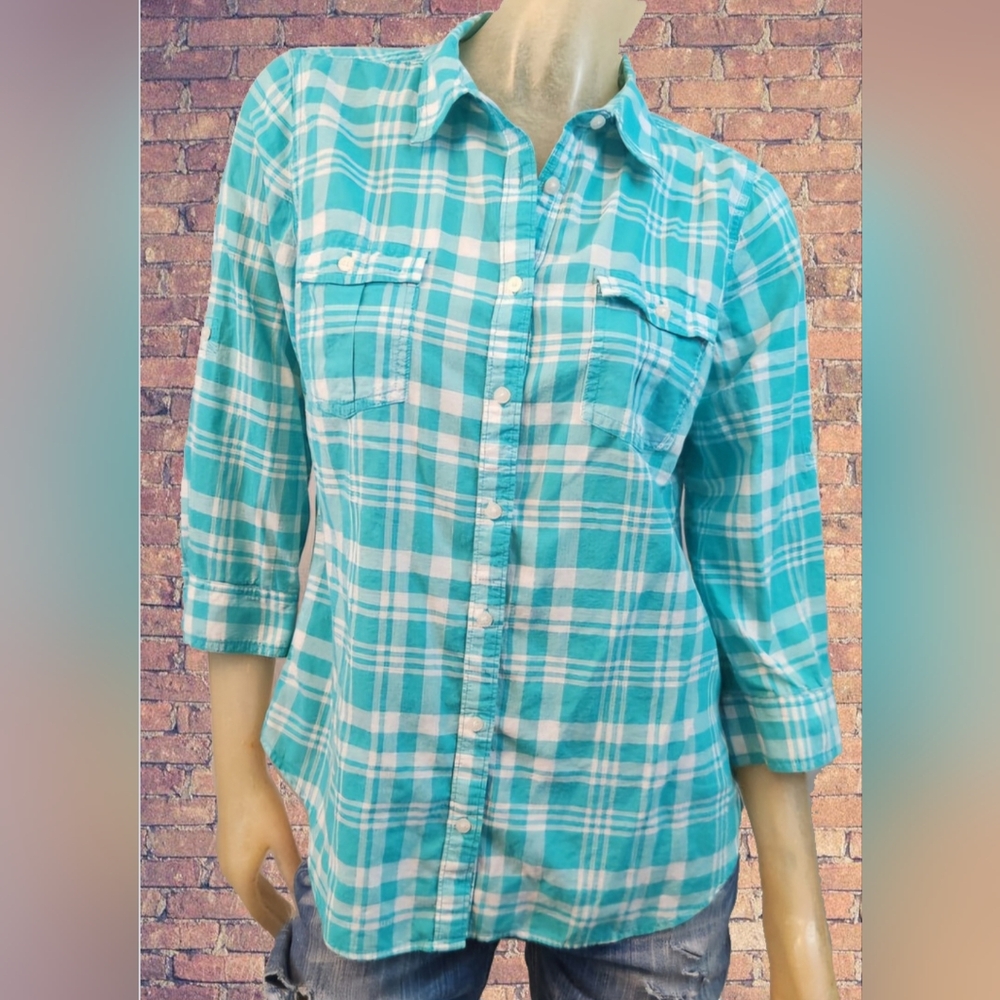 St. John's Bay Teal Plaid Button-down, size XL